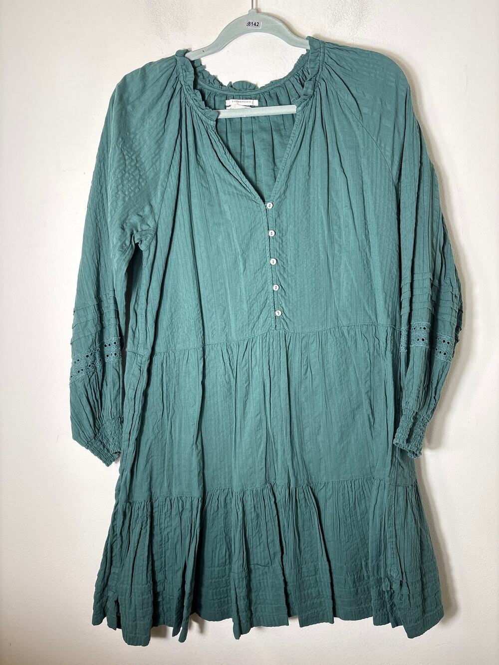 by Anthropologie Dark Green Long Sleeve Cotton Mini Dress Sz S